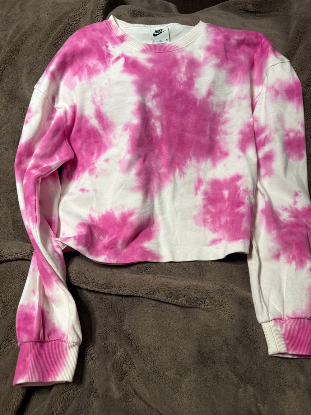 Nike White & Pink Tie-Dye Cropped Crew Sweatshirt